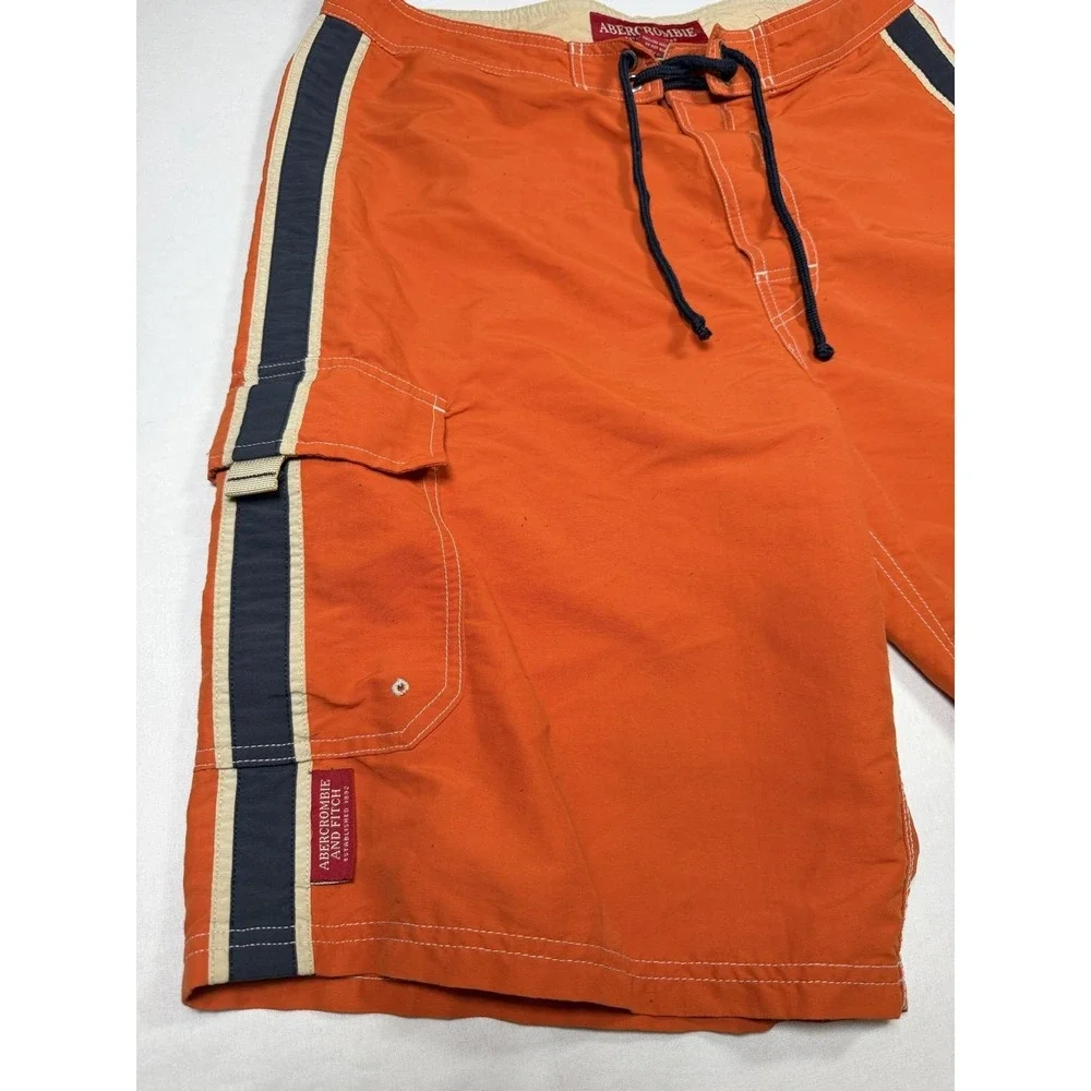 Abercrombie & Fitch Shorts Mens 34 Orange Board Swim Trunks Cargo Side Stripe